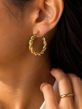 24K Italian Twist Hoop Earrings Gold Plated Chunky Hoops